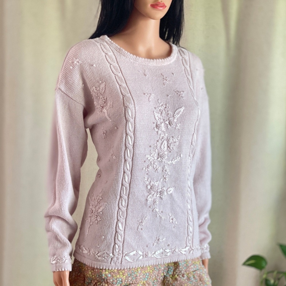 Vtg 90s Light Pink Embroidered Beaded Cable Knit Sweater Coquette Cottagecore LP
